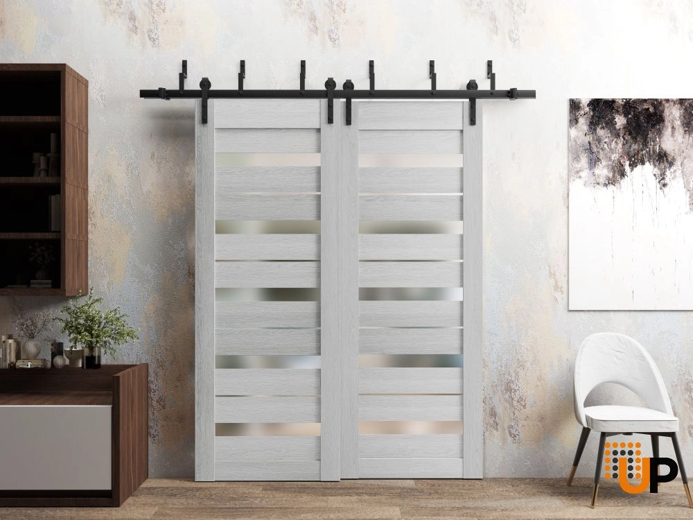 Double mdf sliding modern interior barn bypass door with frosted glass | Quadro 4445  Light Grey Oak | 36 x 80 (2* 18x80) photo#2