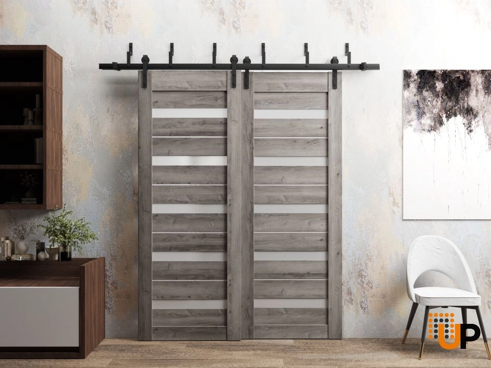 Double mdf sliding modern interior barn bypass door with frosted glass | Quadro 4445  Nebraska Grey | 36 x 80 (2* 18x80) photo#2
