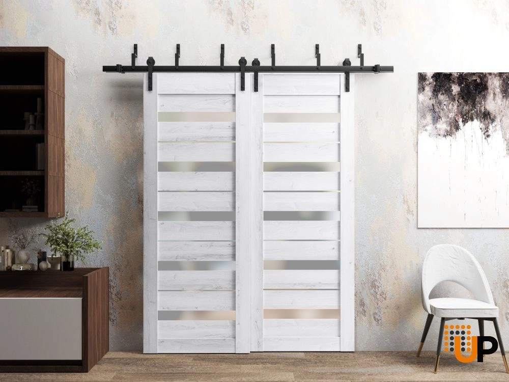 Double mdf sliding modern interior barn bypass door with frosted glass | Quadro 4445  Nordic White | 36 x 80 (2* 18x80) photo#2