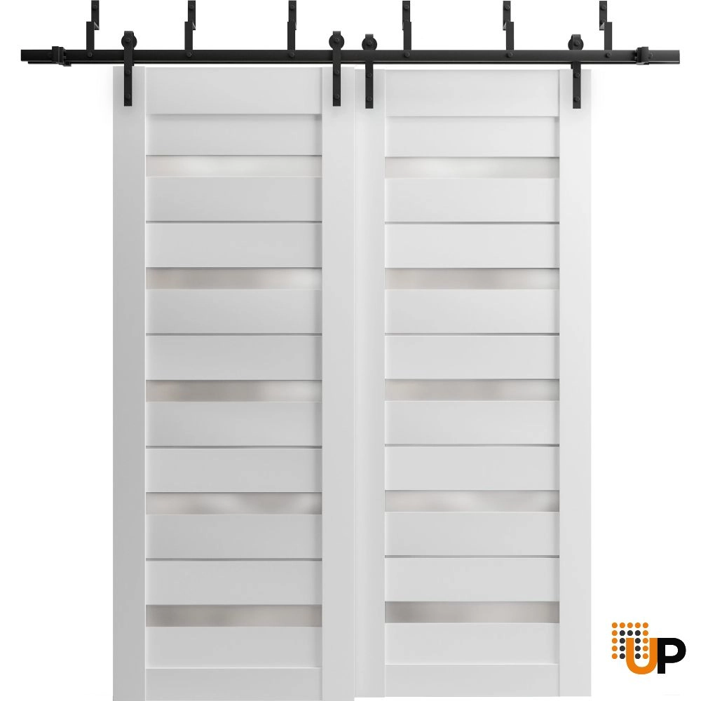 Double mdf sliding modern interior barn bypass door with frosted glass | Quadro 4445  White | 36 x 80 (2* 18x80) photo#1