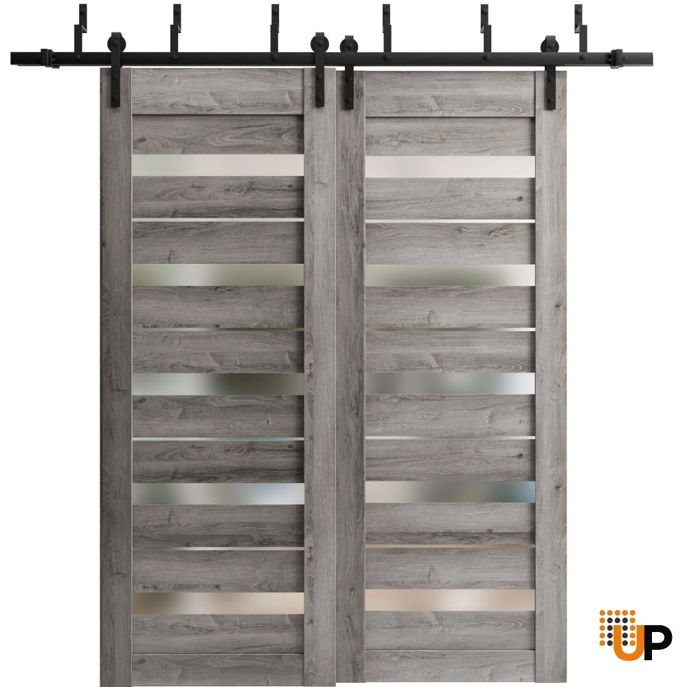 Double mdf sliding modern interior barn bypass door with frosted glass | Quadro 4445  Nebraska Grey | 36 x 80 (2* 18x80) photo#1