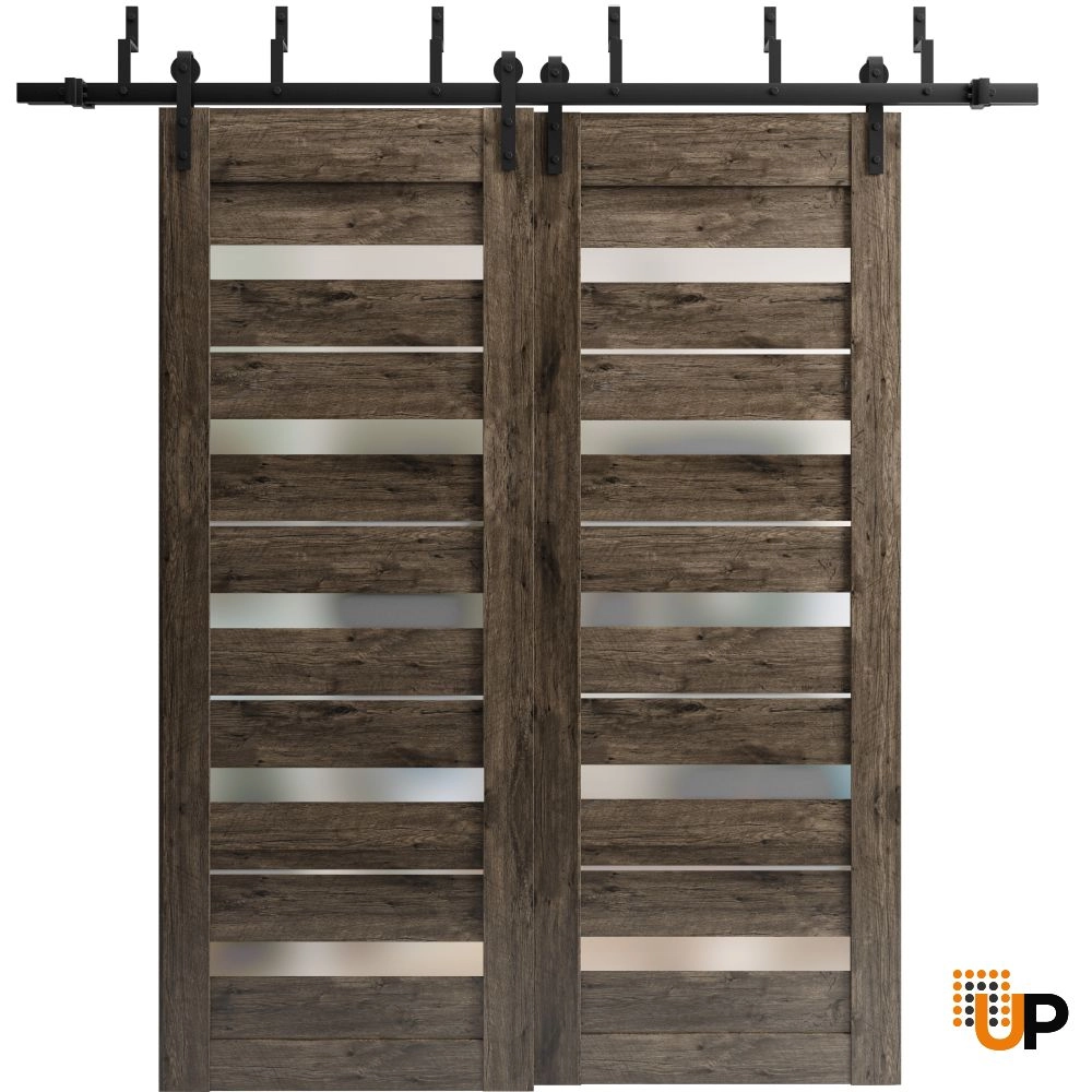 Double mdf sliding modern interior barn bypass door with frosted glass | Quadro 4445  Cognac Oak | 36 x 80 (2* 18x80) photo#1