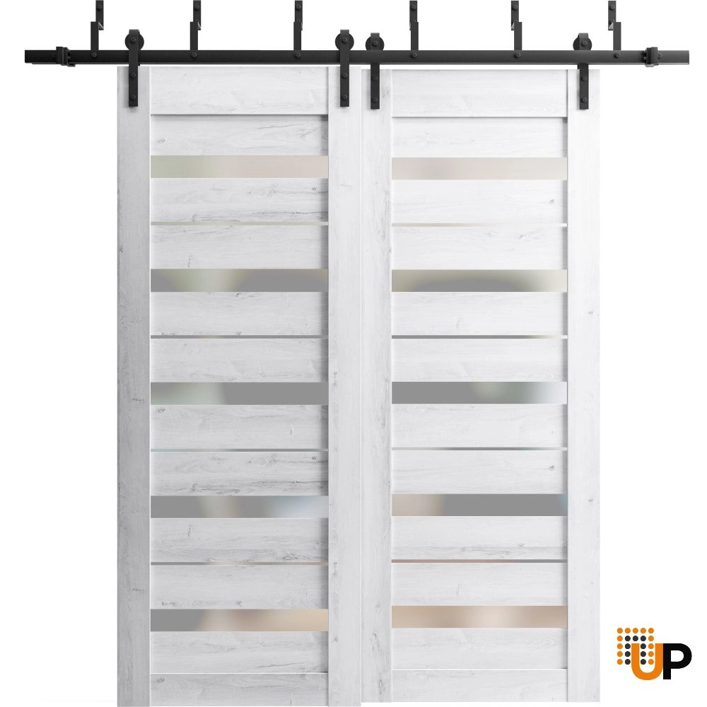 Double mdf sliding modern interior barn bypass door with frosted glass | Quadro 4445  Nordic White | 36 x 80 (2* 18x80) photo#1