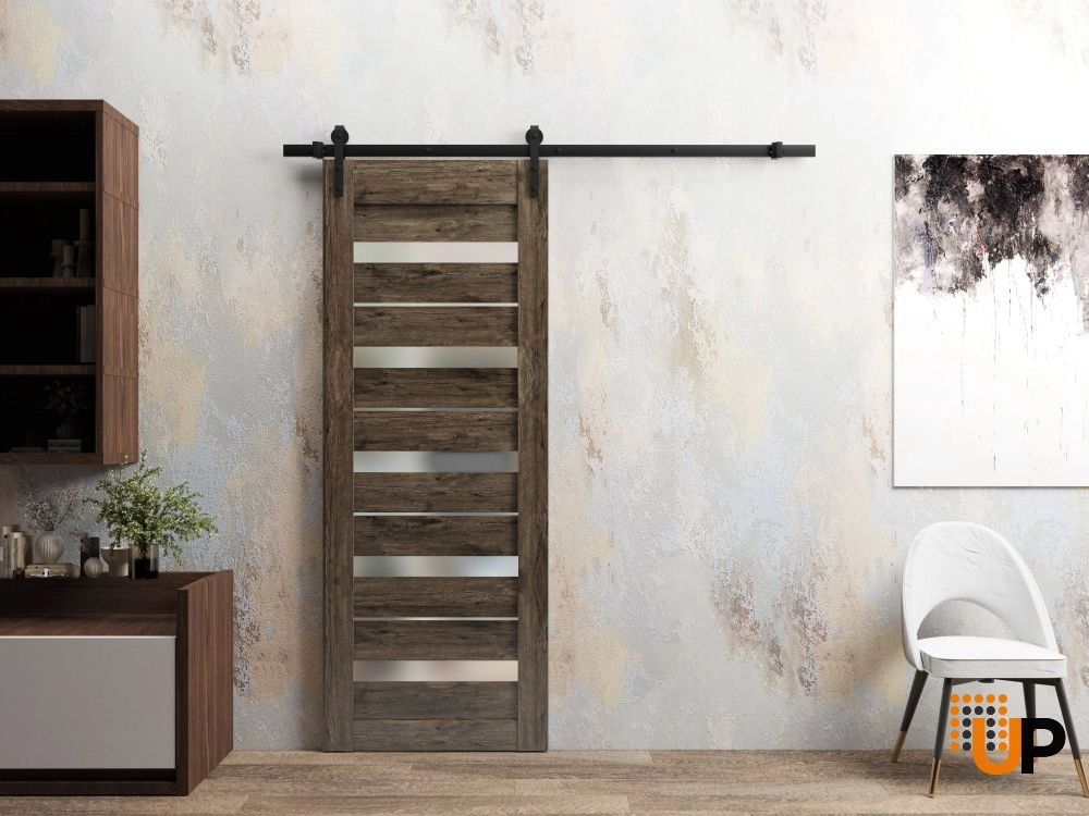 Single mdf sliding modern interior barn door with frosted glass | Quadro 4445  Cognac Oak | 18 x 80 photo#2