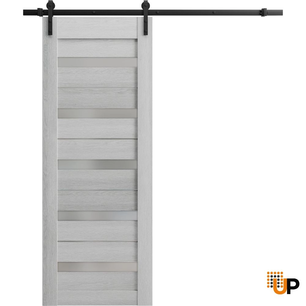 Single mdf sliding modern interior barn door with frosted glass | Quadro 4445  Light Grey Oak | 18 x 80 photo#1