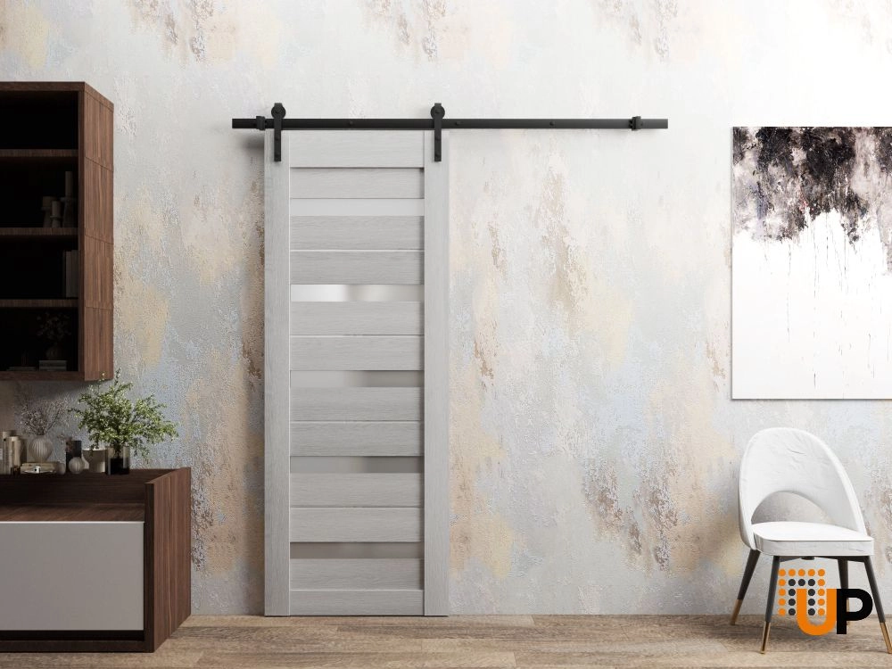 Single mdf sliding modern interior barn door with frosted glass | Quadro 4445  Light Grey Oak | 18 x 80 photo#2