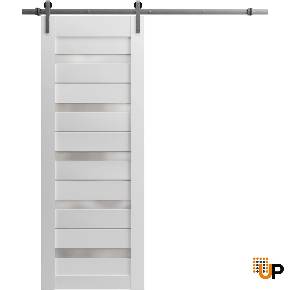 Single mdf sliding modern interior barn door with frosted glass | Quadro 4445  White | 18 x 80 photo#1