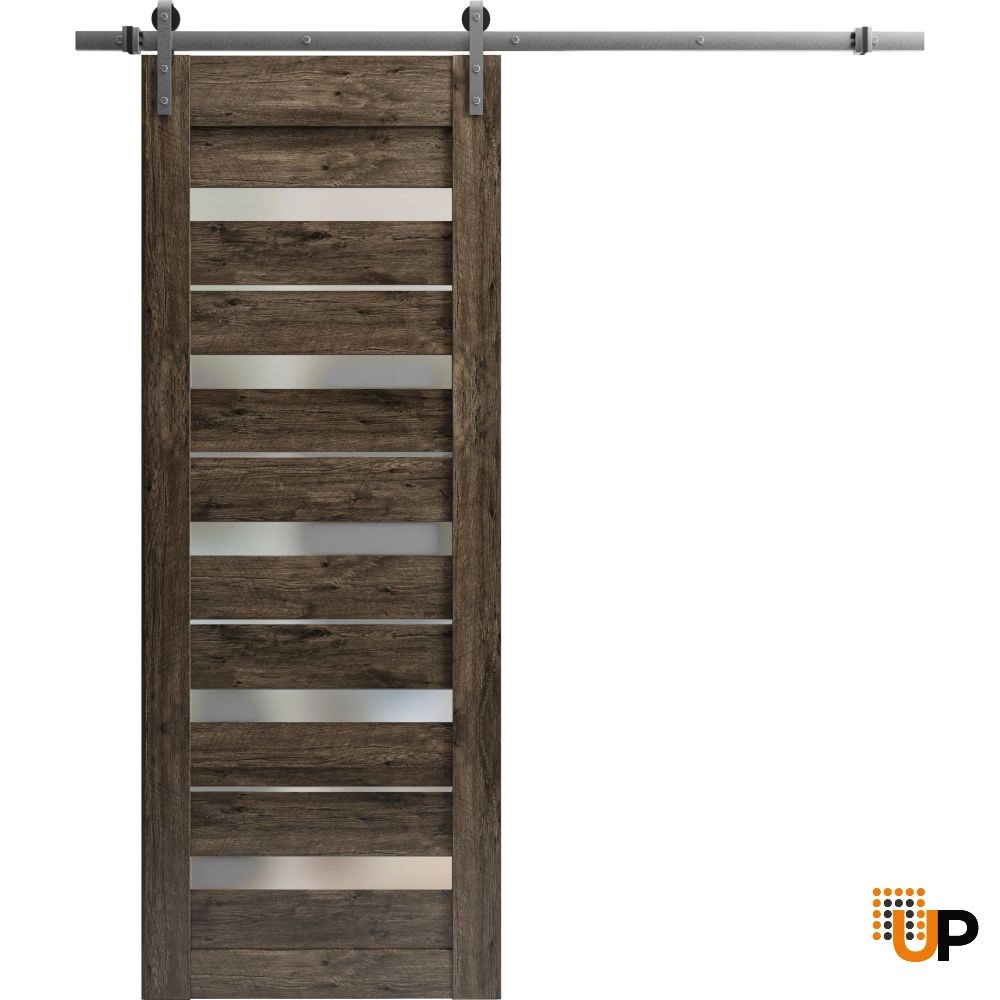 Single mdf sliding modern interior barn door with frosted glass | Quadro 4445  Cognac Oak | 18 x 80 photo#1