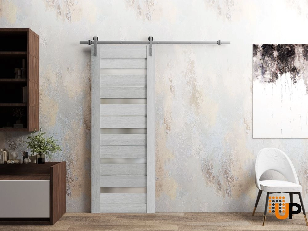 Single mdf sliding modern interior barn door with frosted glass | Quadro 4445  Light Grey Oak | 18 x 80 photo#2