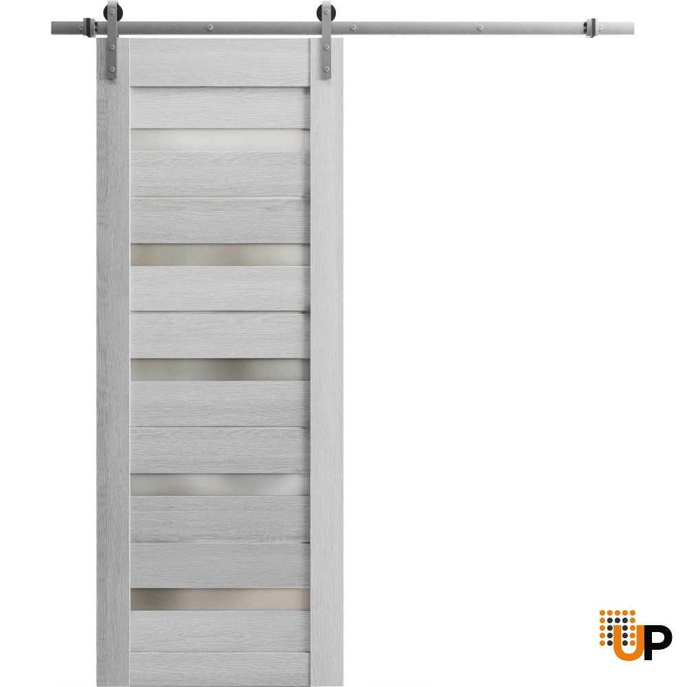 Single mdf sliding modern interior barn door with frosted glass | Quadro 4445  Light Grey Oak | 18 x 80 photo#1