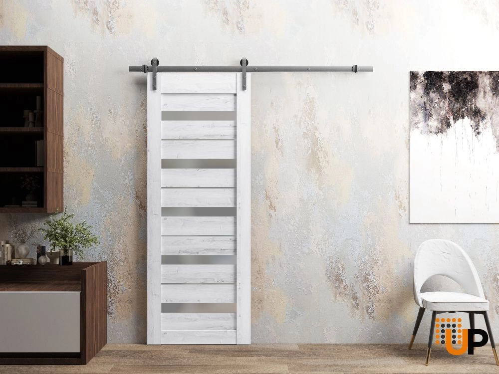 Single mdf sliding modern interior barn door with frosted glass | Quadro 4445  Nordic White | 18 x 80 photo#2