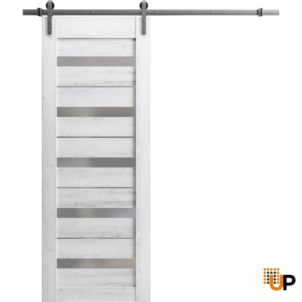 Single mdf sliding modern interior barn door with frosted glass | Quadro 4445  Nordic White | 18 x 80 photo#1