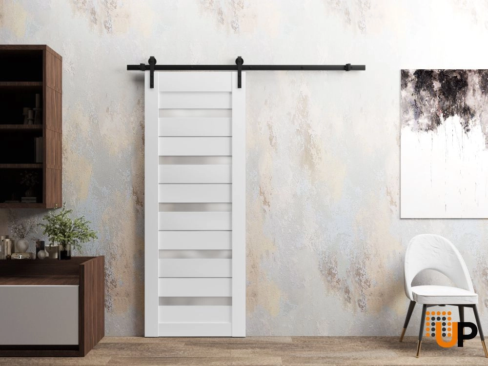 Single mdf sliding modern interior barn door with frosted glass | Quadro 4445  White | 18 x 80 photo#2