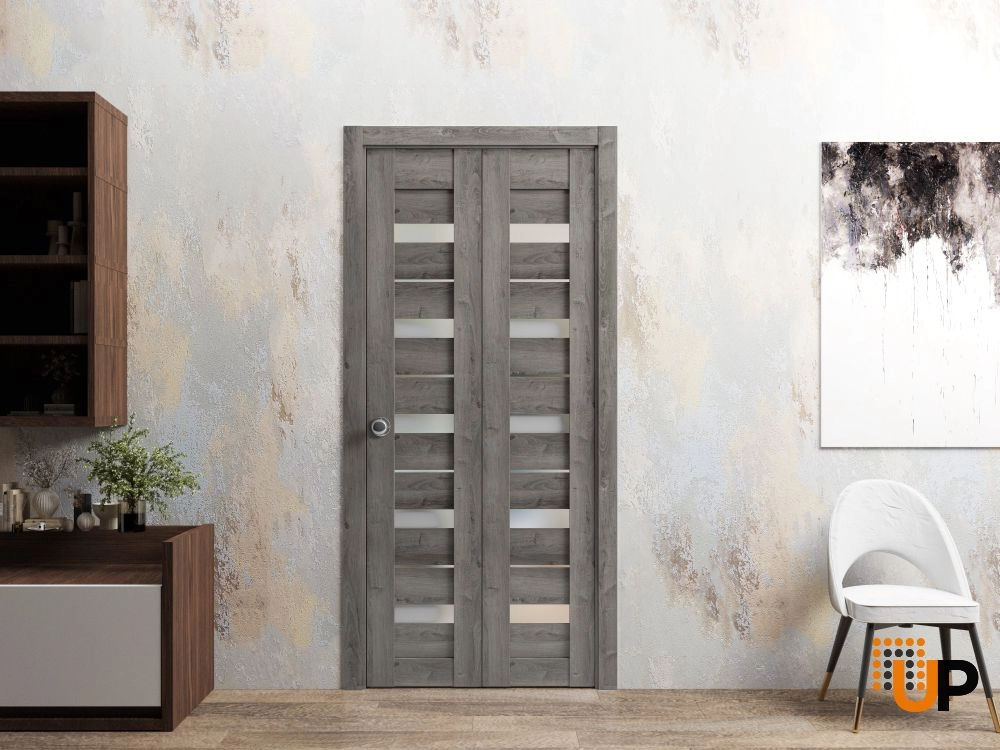 2 folding panels mdf sliding modern interior bi-fold door with frosted glass | Quadro 4445  Nebraska Grey | 36 x 80 (2* 18x80) photo#2