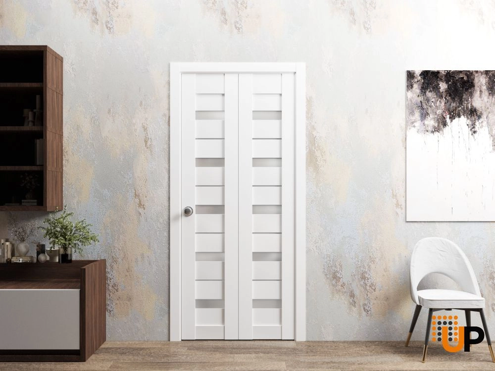 2 folding panels mdf sliding modern interior bi-fold door with frosted glass | Quadro 4445  White | 36 x 80 (2* 18x80) photo#2