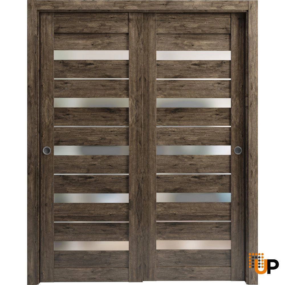 Double mdf sliding modern interior closet bypass door with frosted glass | Quadro 4445  Cognac Oak | 36 x 80 (2* 18x80) photo#1