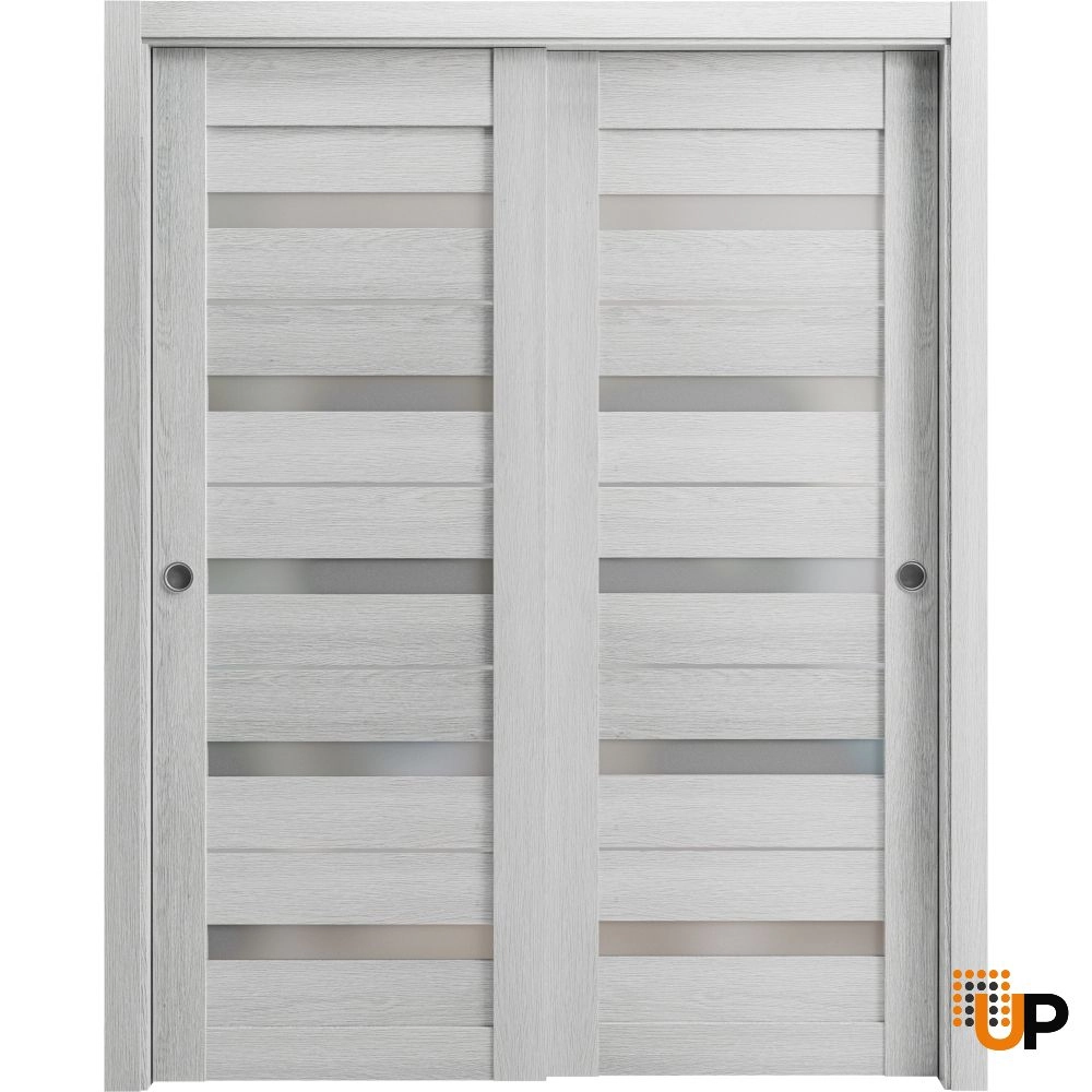 Double mdf sliding modern interior closet bypass door with frosted glass | Quadro 4445  Light Grey Oak | 36 x 80 (2* 18x80) photo#1