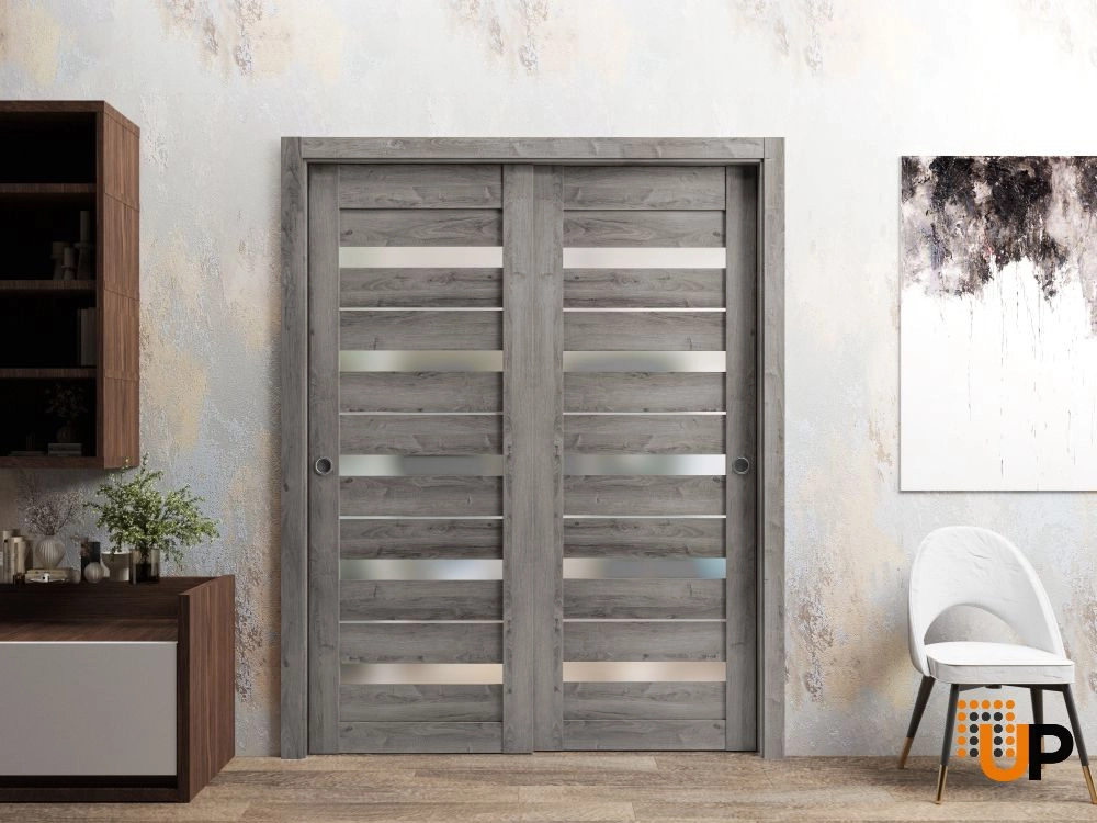 Single mdf modern interior door slab with frosted glass | Quadro 4445  Nebraska Grey | 18 x 80 photo#3