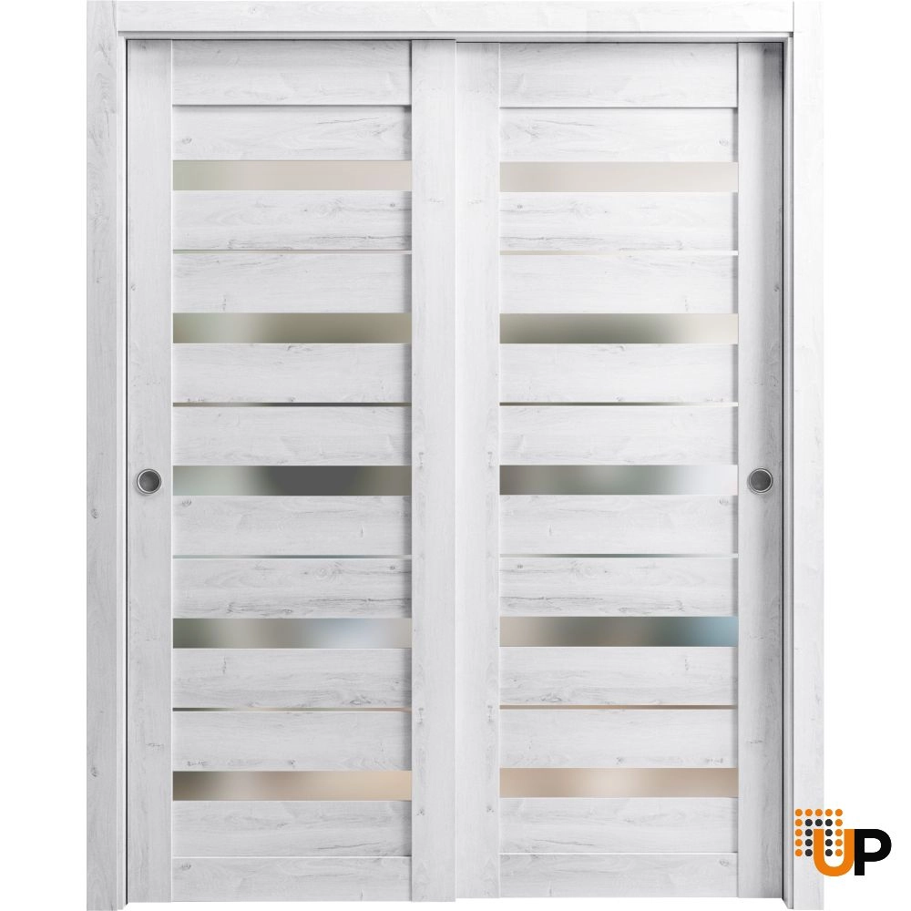 Double mdf sliding modern interior closet bypass door with frosted glass | Quadro 4445  Nordic White | 36 x 80 (2* 18x80) photo#1