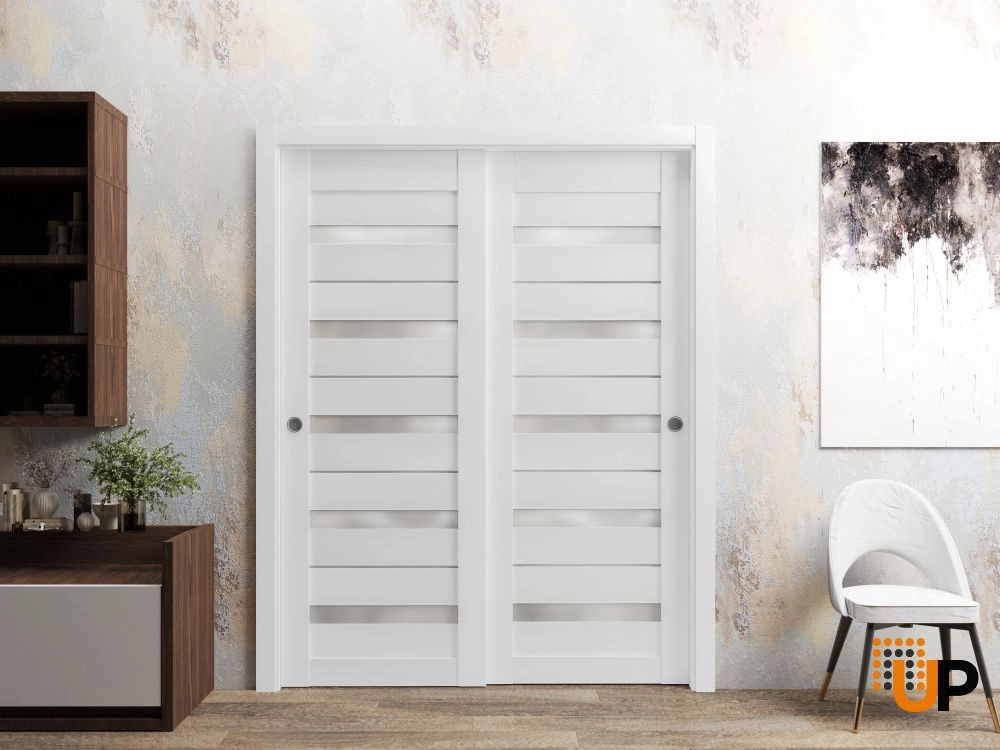 Double mdf sliding modern interior closet bypass door with frosted glass | Quadro 4445  White | 36 x 80 (2* 18x80) photo#2