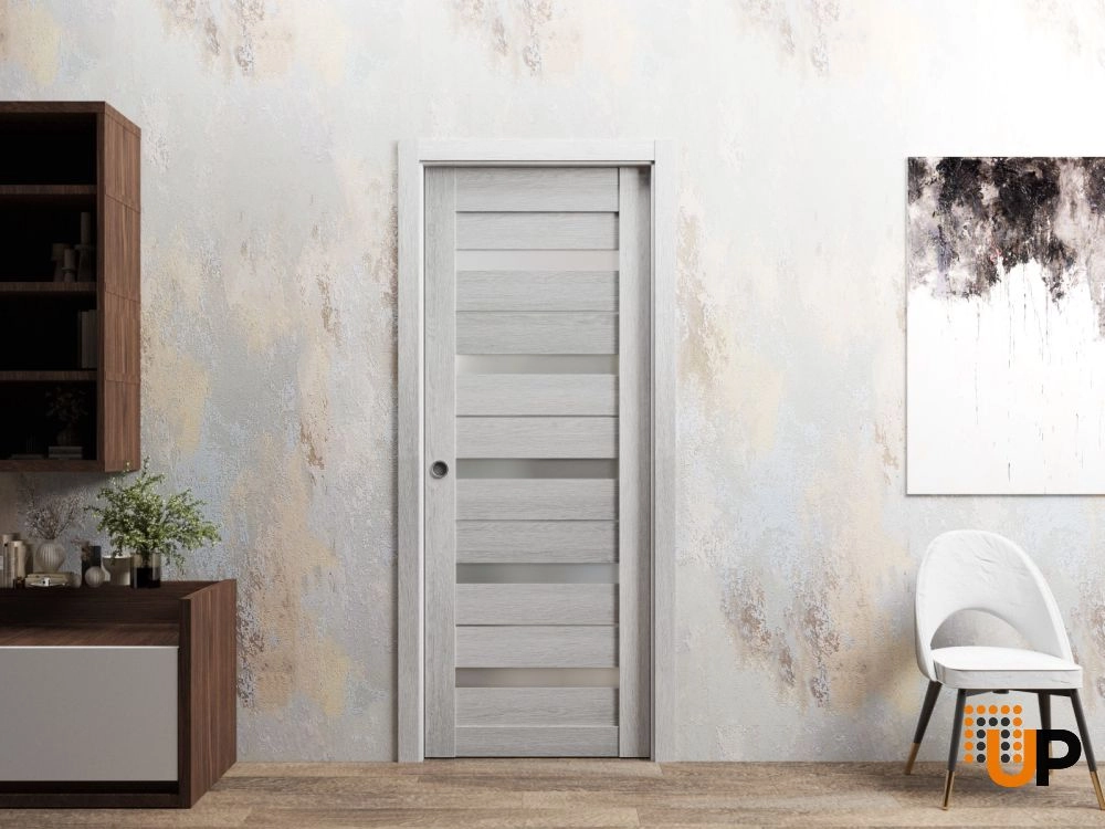 Single mdf sliding modern interior pocket door with frosted glass | Quadro 4445  Light Grey Oak | 18 x 80 photo#2