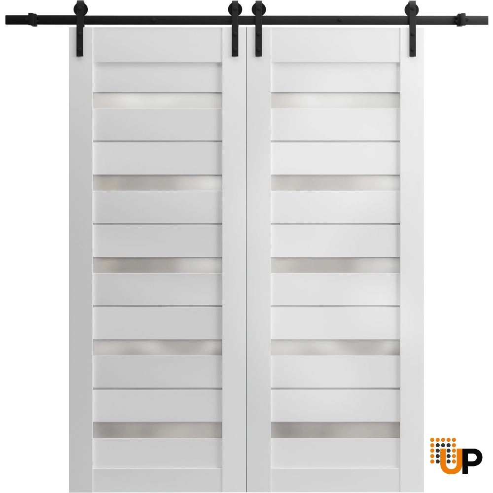 Double mdf sliding french interior barn double door with frosted glass | Quadro 4445  White | 36 x 80 (2* 18x80) photo#1