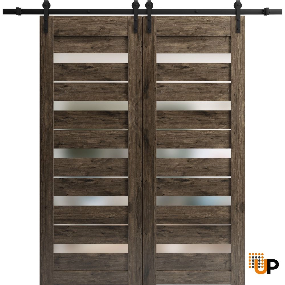 Double mdf sliding french interior barn double door with frosted glass | Quadro 4445  Cognac Oak | 36 x 80 (2* 18x80) photo#1
