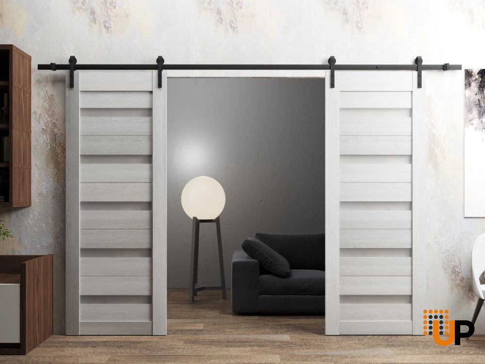 Double mdf sliding french interior barn double door with frosted glass | Quadro 4445  Light Grey Oak | 36 x 80 (2* 18x80) photo#2