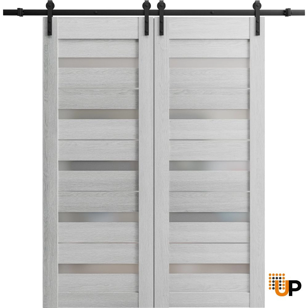 Double mdf sliding french interior barn double door with frosted glass | Quadro 4445  Light Grey Oak | 36 x 80 (2* 18x80) photo#1