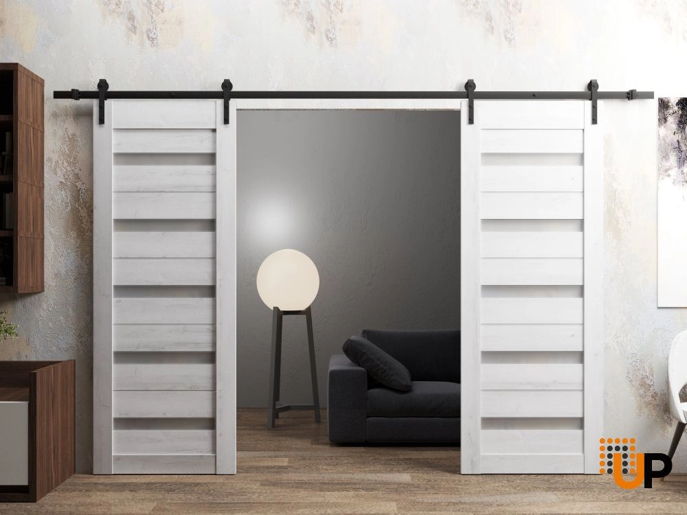 Double mdf sliding french interior barn double door with frosted glass | Quadro 4445  Nordic White | 36 x 80 (2* 18x80) photo#2