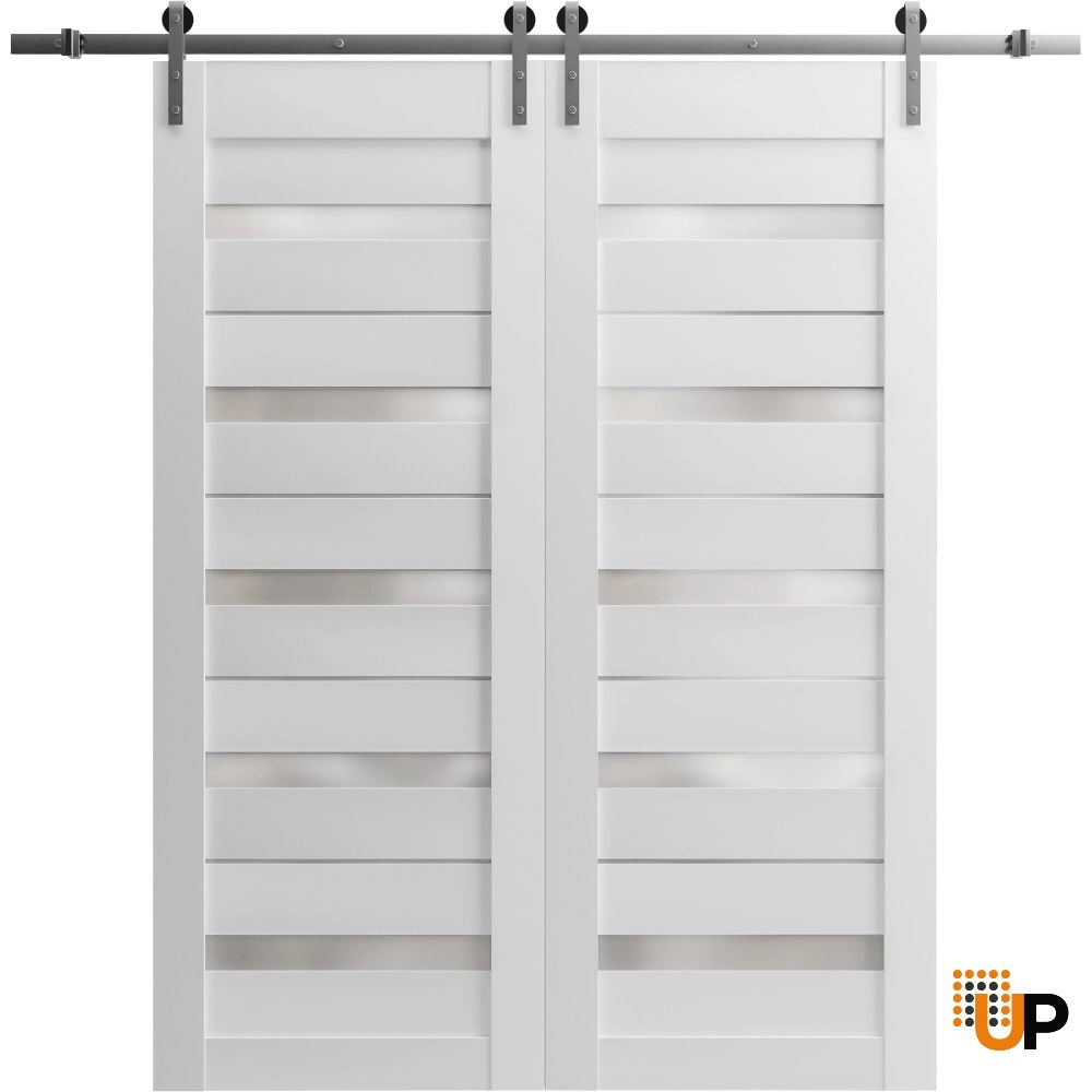 Double mdf sliding french interior barn double door with frosted glass | Quadro 4445  White | 36 x 80 (2* 18x80) photo#1