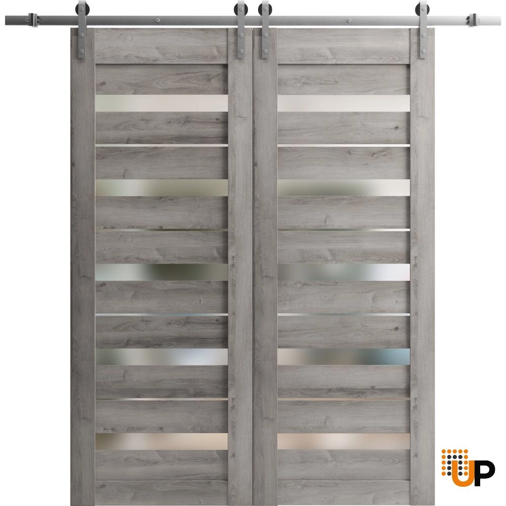 Double mdf sliding french interior barn double door with frosted glass | Quadro 4445  Nebraska Grey | 36 x 80 (2* 18x80) photo#1