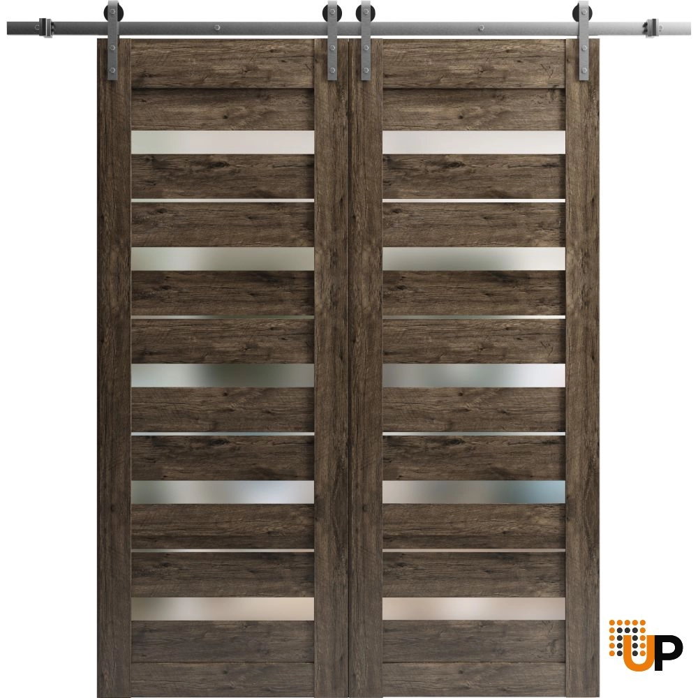 Double mdf sliding french interior barn double door with frosted glass | Quadro 4445  Cognac Oak | 36 x 80 (2* 18x80) photo#1