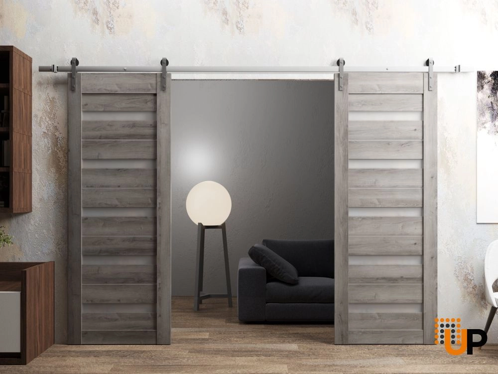 Double mdf sliding french interior barn double door with frosted glass | Quadro 4445  Nebraska Grey | 36 x 80 (2* 18x80) photo#2