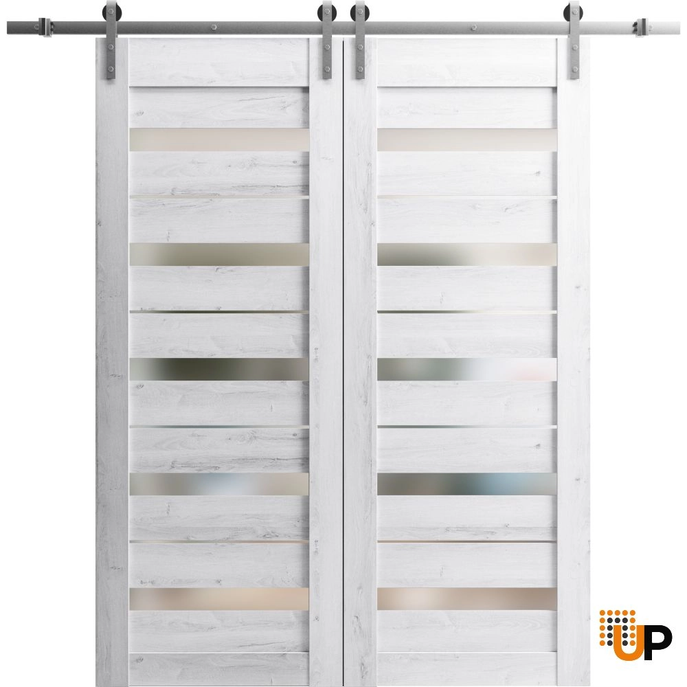 Double mdf sliding french interior barn double door with frosted glass | Quadro 4445  Nordic White | 36 x 80 (2* 18x80) photo#1