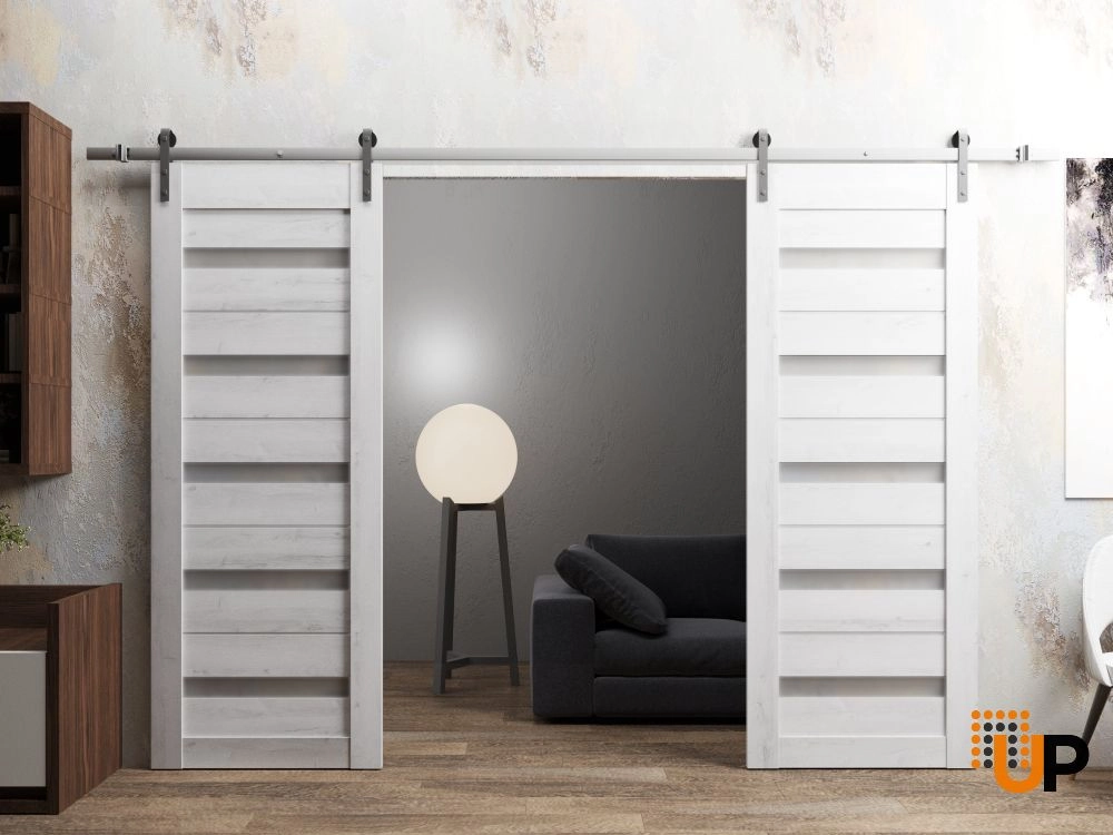 Double mdf sliding french interior barn double door with frosted glass | Quadro 4445  Nordic White | 36 x 80 (2* 18x80) photo#2
