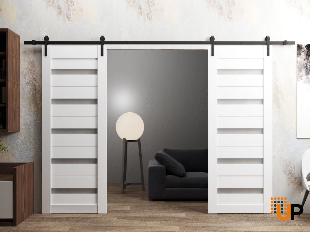 Double mdf sliding french interior barn double door with frosted glass | Quadro 4445  White | 36 x 80 (2* 18x80) photo#2