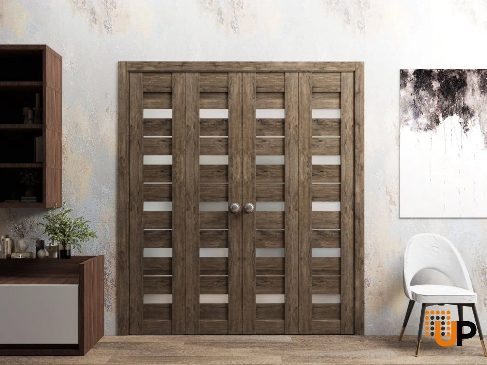 4 folding panels mdf sliding modern interior bi-fold double door with frosted glass | Quadro 4445  Cognac Oak | 72 x 80 (4* 18x80) photo#2