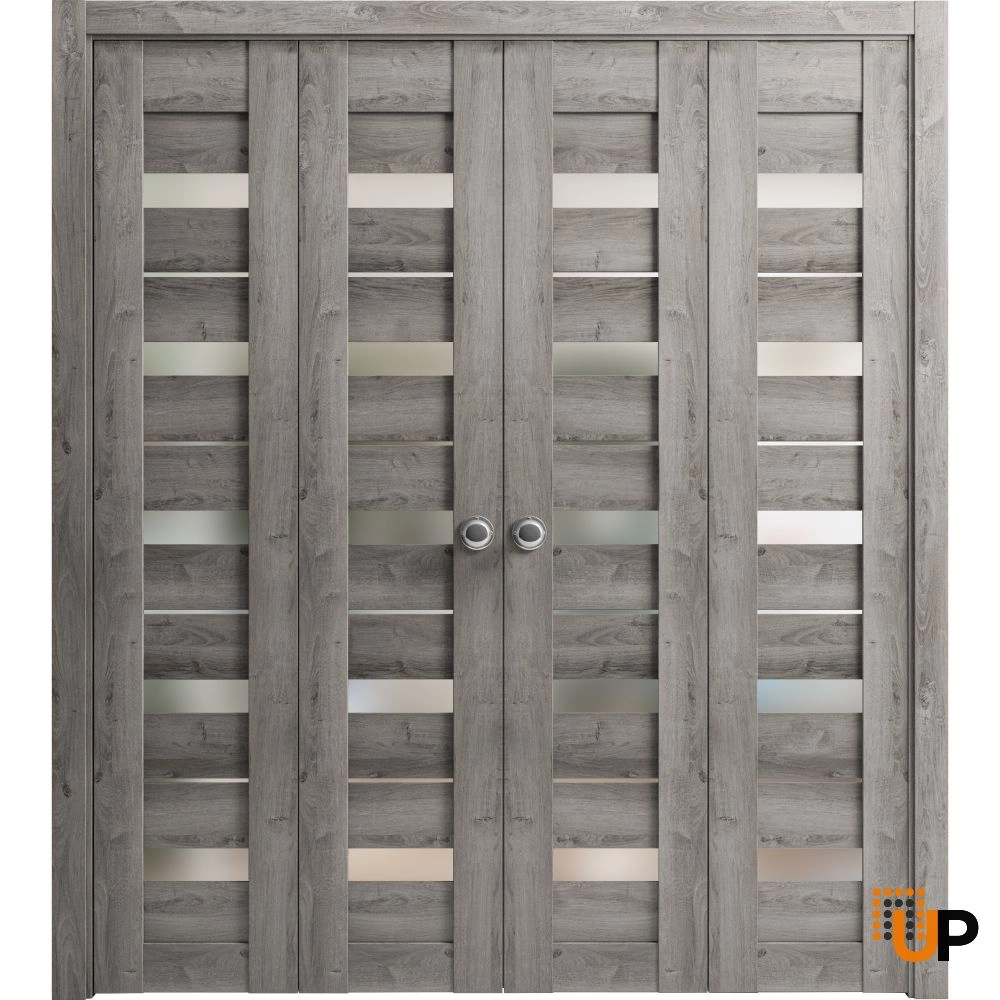 4 folding panels mdf sliding modern interior bi-fold double door with frosted glass | Quadro 4445  Nebraska Grey | 72 x 80 (4* 18x80) photo#1