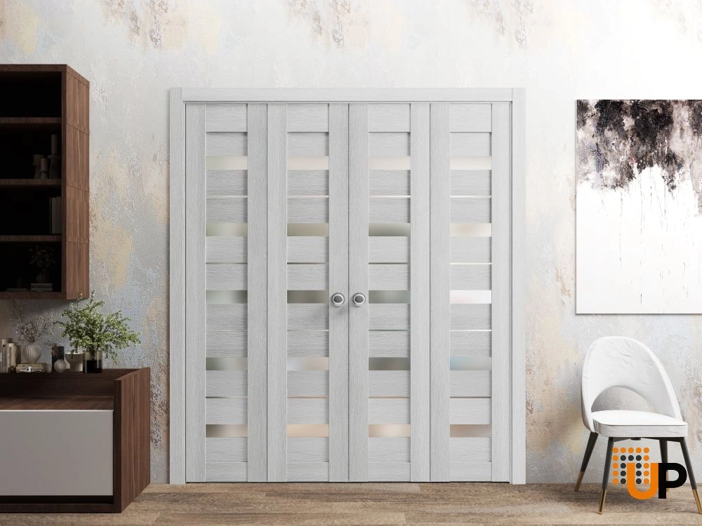 4 folding panels mdf sliding modern interior bi-fold double door with frosted glass | Quadro 4445  Light Grey Oak | 72 x 80 (4* 18x80) photo#2