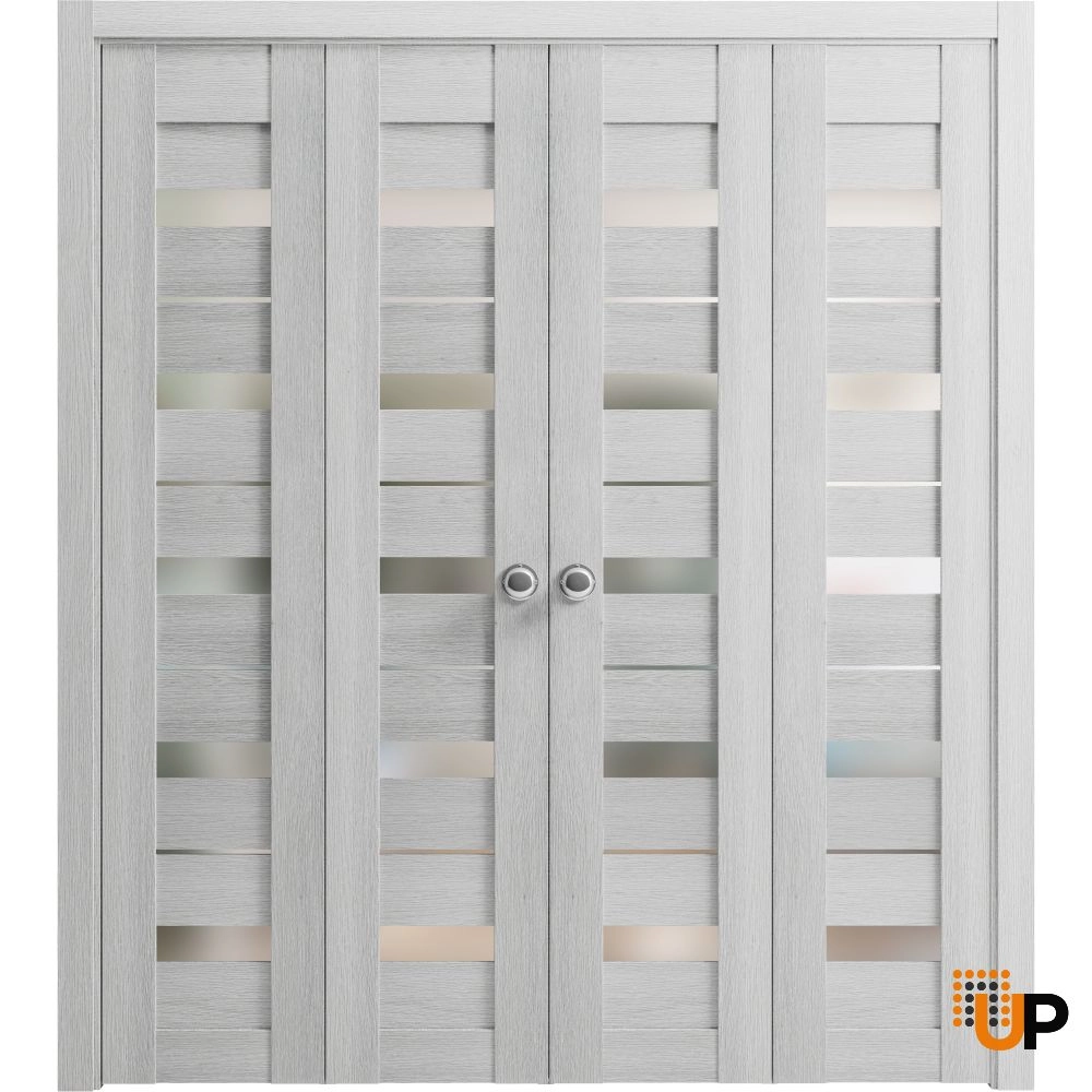 4 folding panels mdf sliding modern interior bi-fold double door with frosted glass | Quadro 4445  Light Grey Oak | 72 x 80 (4* 18x80) photo#1
