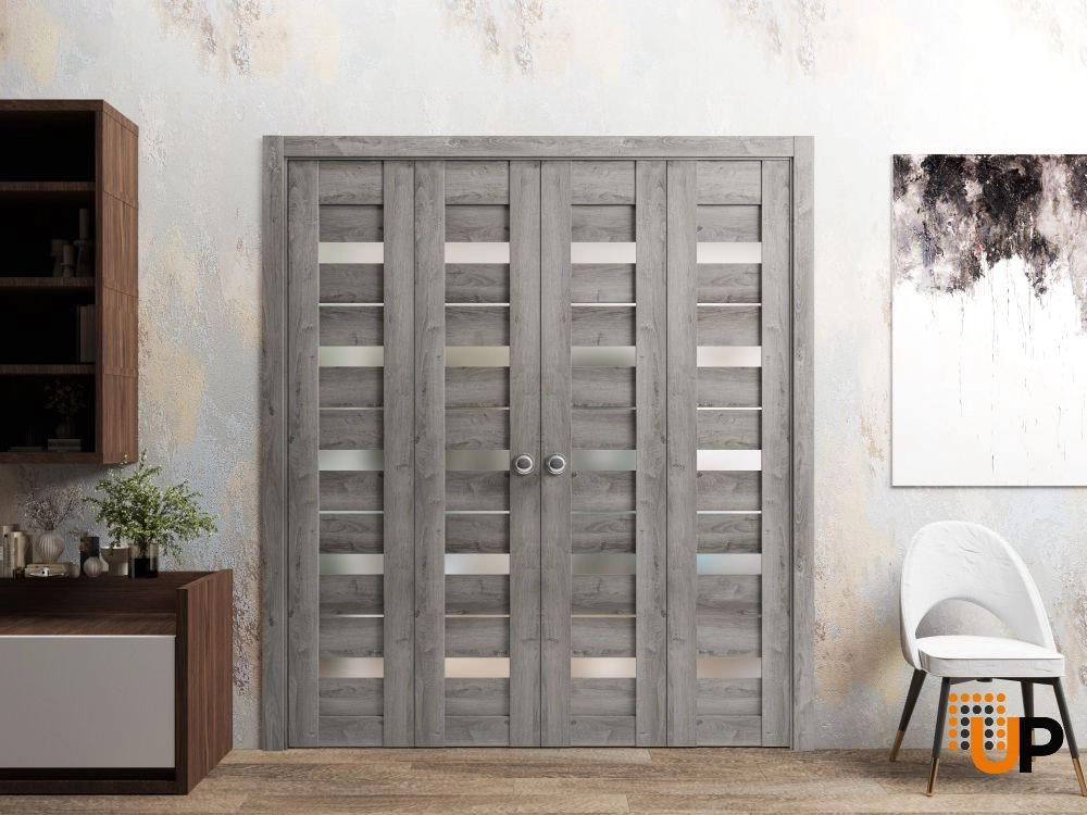 4 folding panels mdf sliding modern interior bi-fold double door with frosted glass | Quadro 4445  Nebraska Grey | 72 x 80 (4* 18x80) photo#2