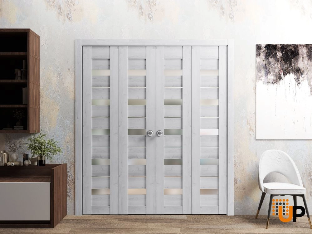 4 folding panels mdf sliding modern interior bi-fold double door with frosted glass | Quadro 4445  Nordic White | 72 x 80 (4* 18x80) photo#2