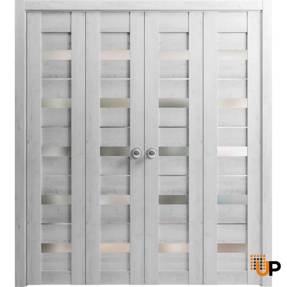 4 folding panels mdf sliding modern interior bi-fold double door with frosted glass | Quadro 4445  Nordic White | 72 x 80 (4* 18x80) photo#1