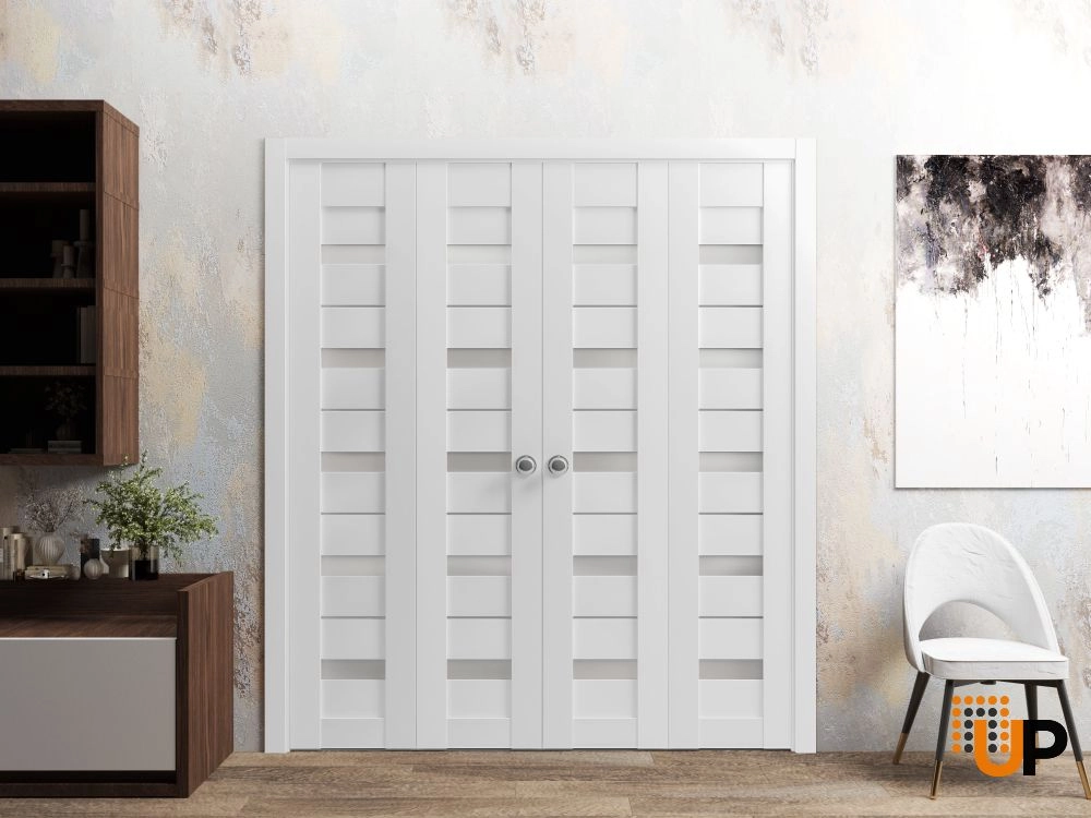 4 folding panels mdf sliding modern interior bi-fold double door with frosted glass | Quadro 4445  White | 72 x 80 (4* 18x80) photo#2