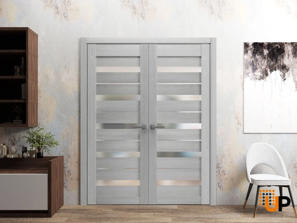 Double mdf french interior swing double door with frosted glass | Quadro 4445  Light Grey Oak | 36 x 80 (2* 18x80) photo#2