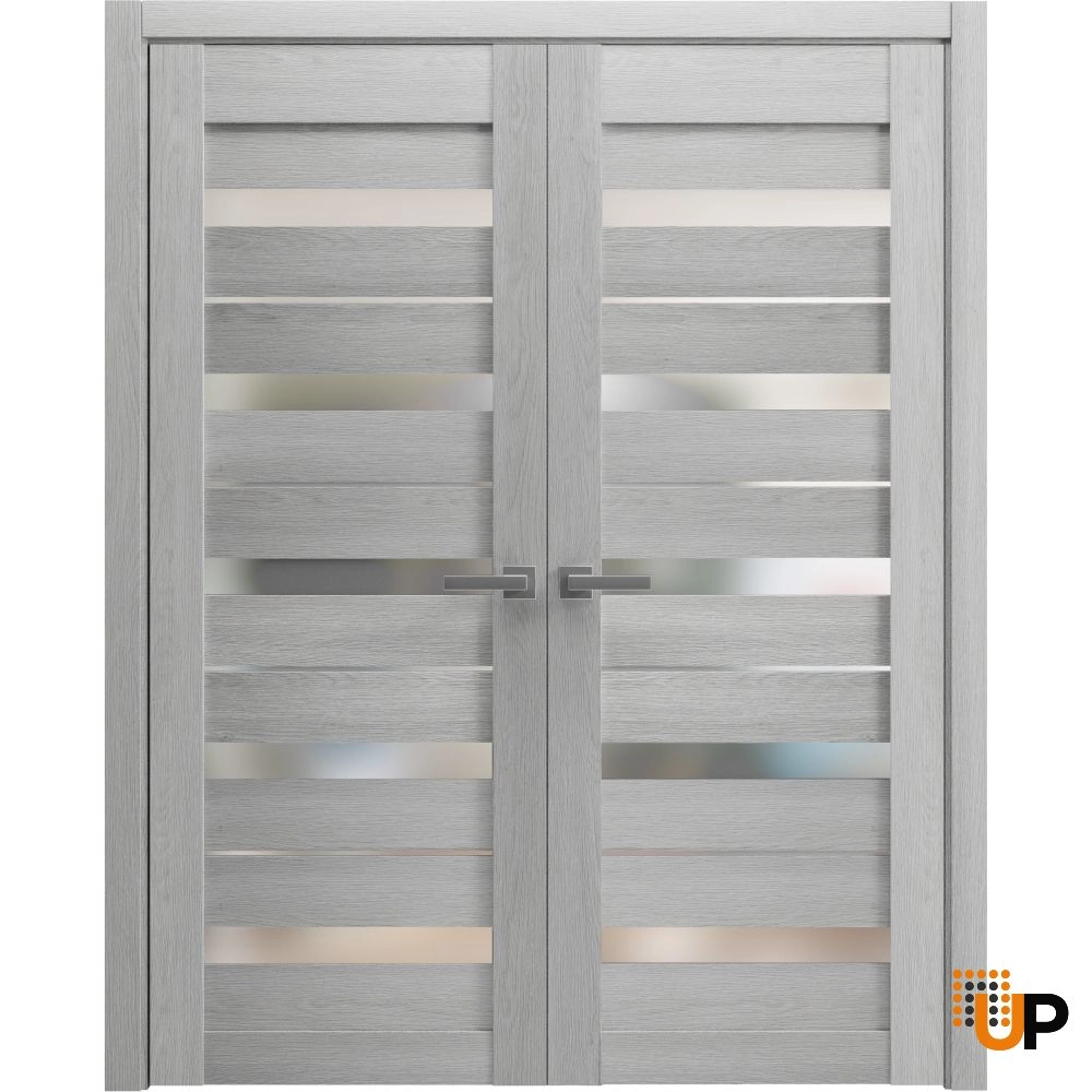 Double mdf french interior swing double door with frosted glass | Quadro 4445  Light Grey Oak | 36 x 80 (2* 18x80) photo#1