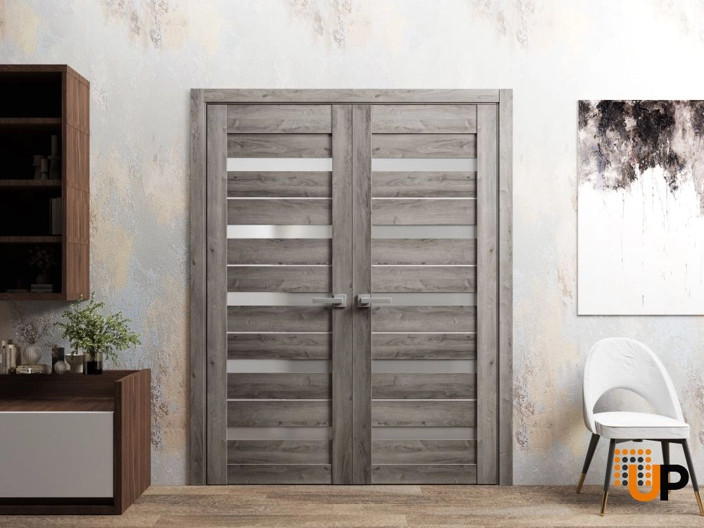 Double mdf french interior swing double door with frosted glass | Quadro 4445  Nebraska Grey | 36 x 80 (2* 18x80) photo#2
