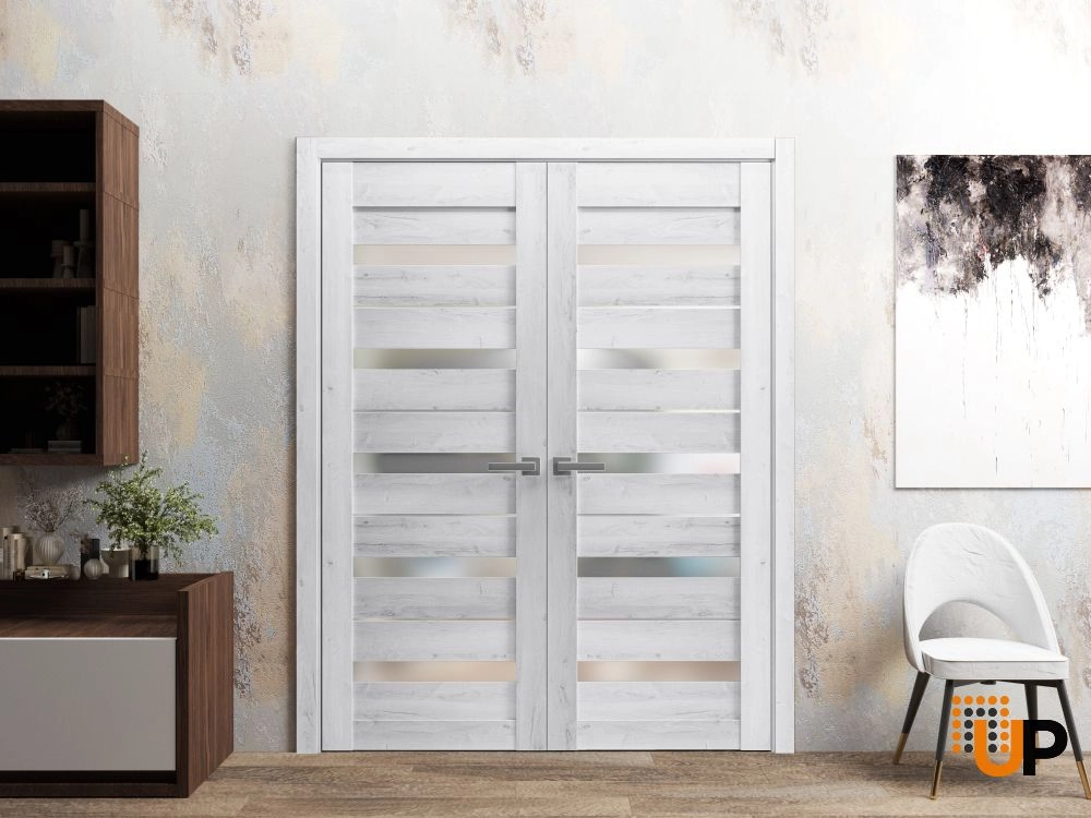 Single mdf modern interior door slab with frosted glass | Quadro 4445  Nordic White | 18 x 80 photo#3