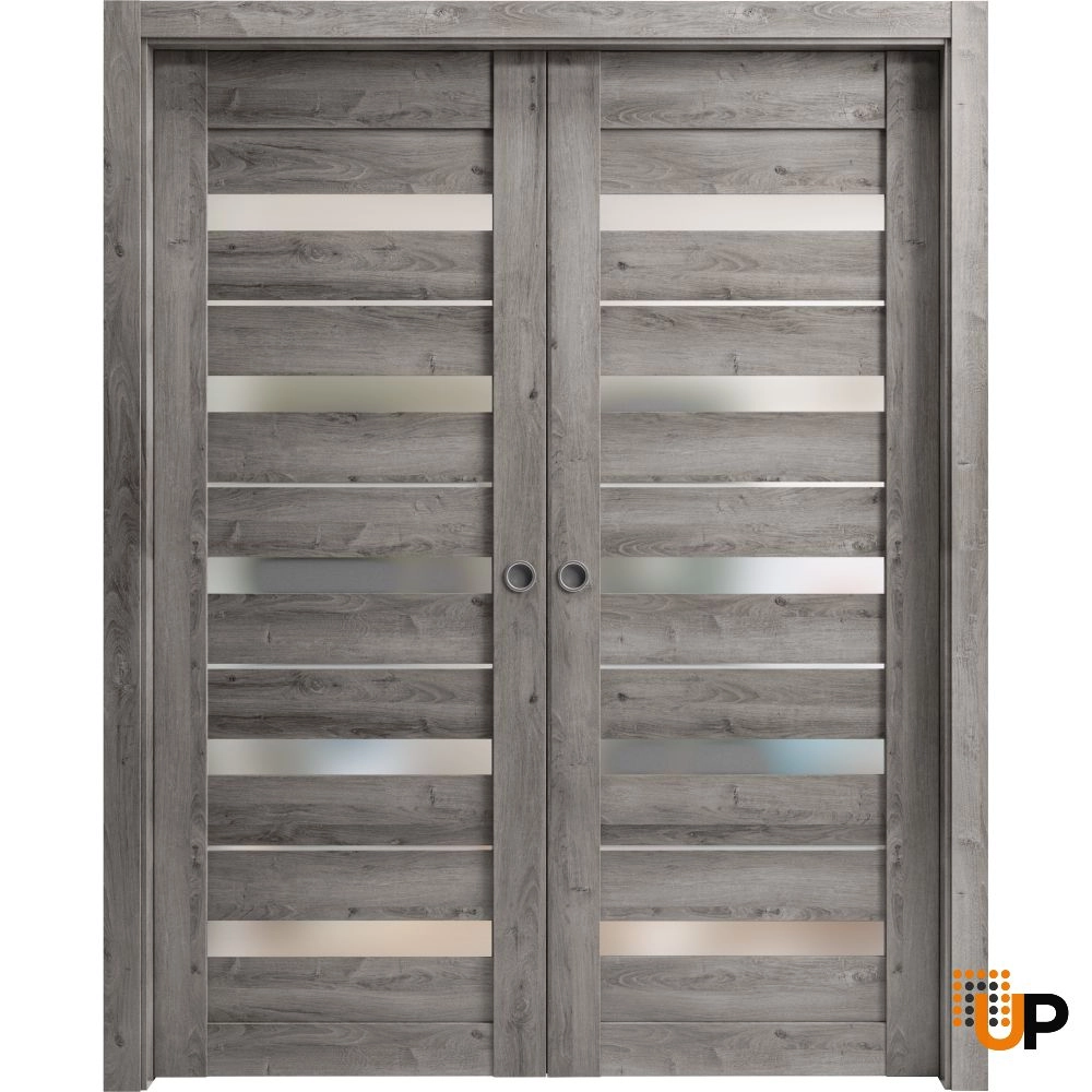 Double mdf sliding modern interior pocket double door with frosted glass | Quadro 4445  Nebraska Grey | 36 x 80 (2* 18x80) photo#1